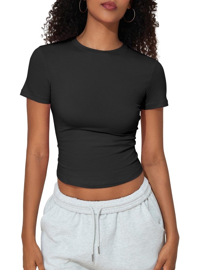 PrettyGuide Women's Fitted Short Sleeve Tops Crew Neck T Shirt Casual Basic Cotton Baby Tee Black L - Image 2